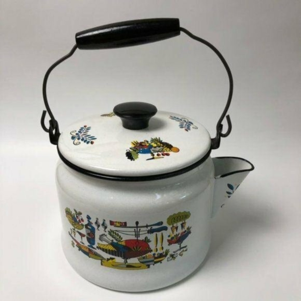 Vintage Midcentury Modern Tea Kettle Teapot White MCM Enamel Thanksgiving 50s